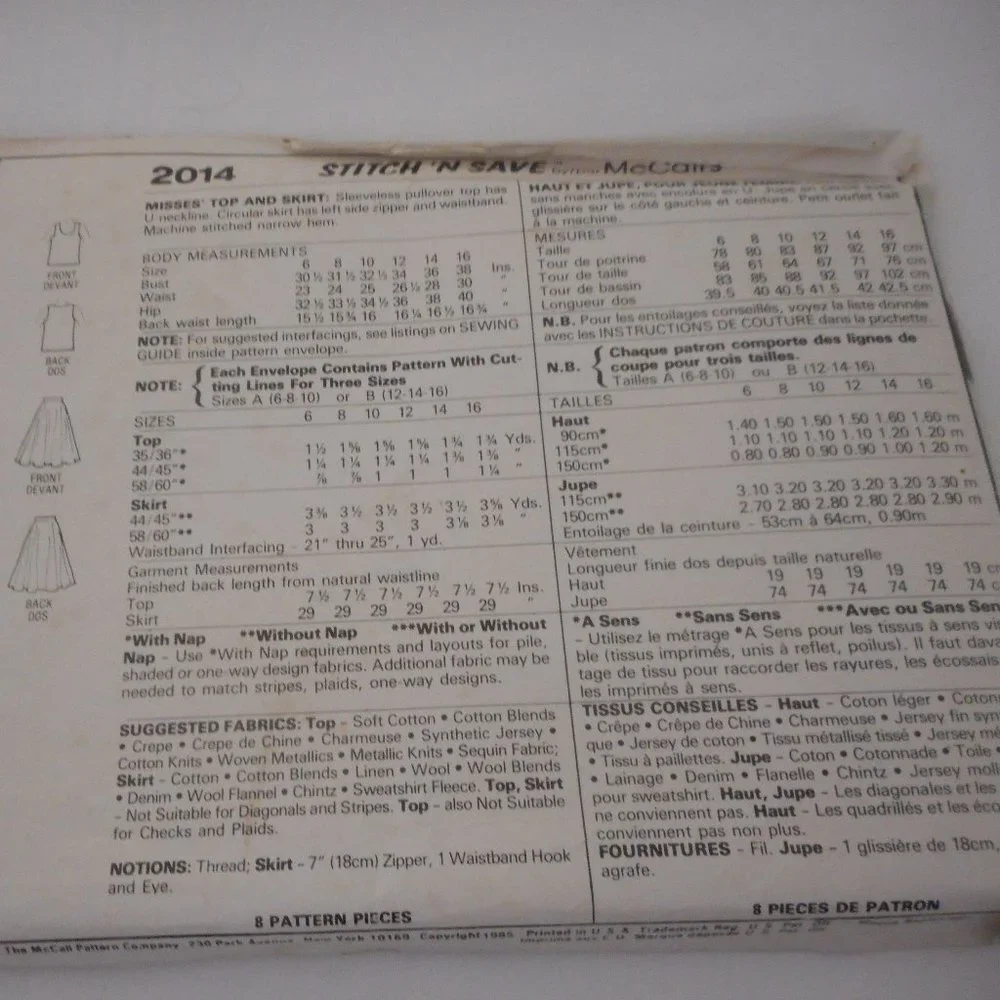 Vintage McCall's Skirt top sewing Pattern 2014